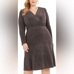 R&M Richards Women’s Plus Long Sleeve Metallic Shimmer Midi Dress Size 16W
